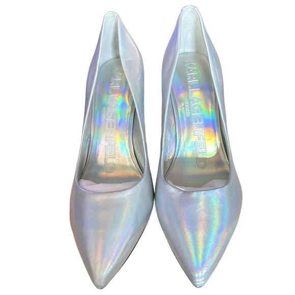 NWOT Karl Lagerfeld Paris Women's Silver Iridescent Pointed Toe Heels Size 9 - Picture 1 of 9